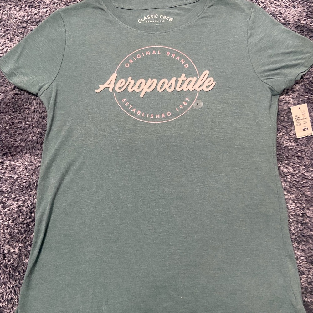 Aeropostale Women’s Teal Green Logo Crew Neck Tee, XL fitted